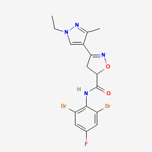 molecular formula C16H15Br2FN4O2 B10894676 N-(2,6-dibromo-4-fluorophenyl)-3-(1-ethyl-3-methyl-1H-pyrazol-4-yl)-4,5-dihydro-1,2-oxazole-5-carboxamide 