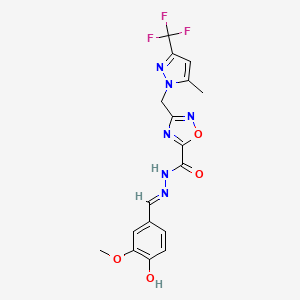 molecular formula C17H15F3N6O4 B10894794 N'-[(E)-(4-hydroxy-3-methoxyphenyl)methylidene]-3-{[5-methyl-3-(trifluoromethyl)-1H-pyrazol-1-yl]methyl}-1,2,4-oxadiazole-5-carbohydrazide 