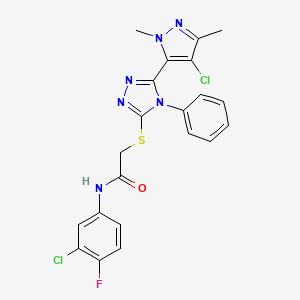 molecular formula C21H17Cl2FN6OS B10895441 2-{[5-(4-chloro-1,3-dimethyl-1H-pyrazol-5-yl)-4-phenyl-4H-1,2,4-triazol-3-yl]sulfanyl}-N-(3-chloro-4-fluorophenyl)acetamide 