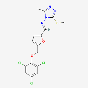 molecular formula C16H13Cl3N4O2S B10895955 3-methyl-5-(methylsulfanyl)-N-[(E)-{5-[(2,4,6-trichlorophenoxy)methyl]furan-2-yl}methylidene]-4H-1,2,4-triazol-4-amine 