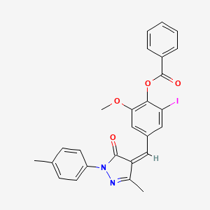 molecular formula C26H21IN2O4 B10896101 2-iodo-6-methoxy-4-{(Z)-[3-methyl-1-(4-methylphenyl)-5-oxo-1,5-dihydro-4H-pyrazol-4-ylidene]methyl}phenyl benzoate 