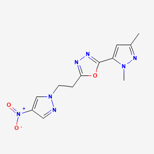 molecular formula C12H13N7O3 B10896363 2-(1,3-dimethyl-1H-pyrazol-5-yl)-5-[2-(4-nitro-1H-pyrazol-1-yl)ethyl]-1,3,4-oxadiazole 