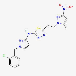 molecular formula C18H17ClN8O2S B10896368 N-[1-(2-chlorobenzyl)-1H-pyrazol-3-yl]-5-[2-(5-methyl-3-nitro-1H-pyrazol-1-yl)ethyl]-1,3,4-thiadiazol-2-amine 