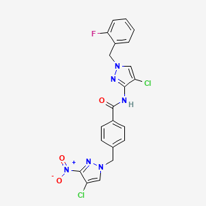 molecular formula C21H15Cl2FN6O3 B10896398 N-[4-chloro-1-(2-fluorobenzyl)-1H-pyrazol-3-yl]-4-[(4-chloro-3-nitro-1H-pyrazol-1-yl)methyl]benzamide 