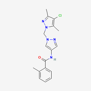 molecular formula C17H18ClN5O B10896750 N-{1-[(4-chloro-3,5-dimethyl-1H-pyrazol-1-yl)methyl]-1H-pyrazol-4-yl}-2-methylbenzamide 