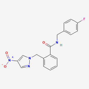 molecular formula C18H15FN4O3 B10897129 N-(4-fluorobenzyl)-2-[(4-nitro-1H-pyrazol-1-yl)methyl]benzamide 