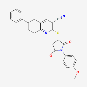 molecular formula C27H23N3O3S B10897343 2-{[1-(4-Methoxyphenyl)-2,5-dioxopyrrolidin-3-yl]sulfanyl}-6-phenyl-5,6,7,8-tetrahydroquinoline-3-carbonitrile 