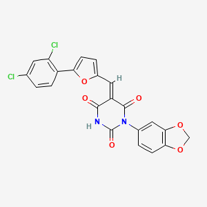 molecular formula C22H12Cl2N2O6 B10897506 (5E)-1-(1,3-benzodioxol-5-yl)-5-{[5-(2,4-dichlorophenyl)furan-2-yl]methylidene}pyrimidine-2,4,6(1H,3H,5H)-trione 