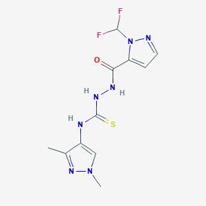 molecular formula C11H13F2N7OS B10897751 2-{[1-(difluoromethyl)-1H-pyrazol-5-yl]carbonyl}-N-(1,3-dimethyl-1H-pyrazol-4-yl)hydrazinecarbothioamide 