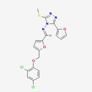 molecular formula C19H14Cl2N4O3S B10897839 N-[(E)-{5-[(2,4-dichlorophenoxy)methyl]furan-2-yl}methylidene]-3-(furan-2-yl)-5-(methylsulfanyl)-4H-1,2,4-triazol-4-amine 