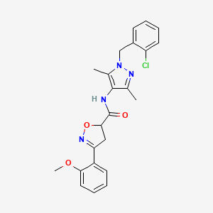 molecular formula C23H23ClN4O3 B10897991 N-[1-(2-chlorobenzyl)-3,5-dimethyl-1H-pyrazol-4-yl]-3-(2-methoxyphenyl)-4,5-dihydro-1,2-oxazole-5-carboxamide 