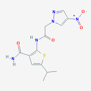 molecular formula C13H15N5O4S B10898069 2-{[(4-nitro-1H-pyrazol-1-yl)acetyl]amino}-5-(propan-2-yl)thiophene-3-carboxamide 