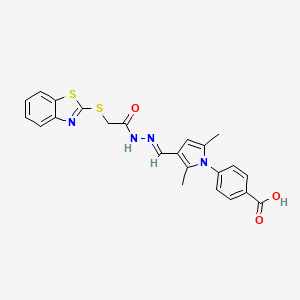 molecular formula C23H20N4O3S2 B10898080 4-{3-[(E)-{2-[(1,3-benzothiazol-2-ylsulfanyl)acetyl]hydrazinylidene}methyl]-2,5-dimethyl-1H-pyrrol-1-yl}benzoic acid 