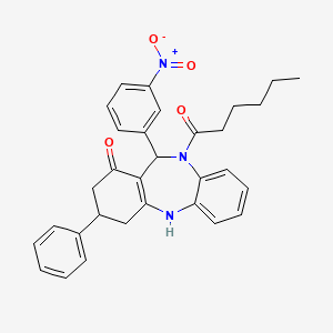 molecular formula C31H31N3O4 B10898084 10-hexanoyl-11-(3-nitrophenyl)-3-phenyl-2,3,4,5,10,11-hexahydro-1H-dibenzo[b,e][1,4]diazepin-1-one 