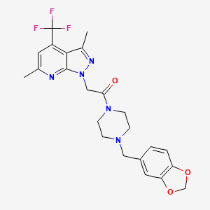 molecular formula C23H24F3N5O3 B10898204 1-[4-(1,3-benzodioxol-5-ylmethyl)piperazin-1-yl]-2-[3,6-dimethyl-4-(trifluoromethyl)-1H-pyrazolo[3,4-b]pyridin-1-yl]ethanone 