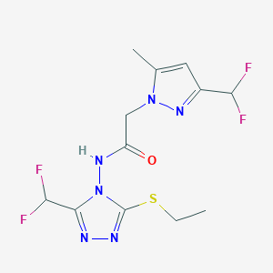 molecular formula C12H14F4N6OS B10898314 N-[3-(difluoromethyl)-5-(ethylsulfanyl)-4H-1,2,4-triazol-4-yl]-2-[3-(difluoromethyl)-5-methyl-1H-pyrazol-1-yl]acetamide 