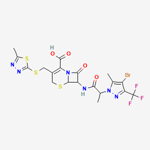 molecular formula C19H18BrF3N6O4S3 B10898325 7-({2-[4-bromo-5-methyl-3-(trifluoromethyl)-1H-pyrazol-1-yl]propanoyl}amino)-3-{[(5-methyl-1,3,4-thiadiazol-2-yl)sulfanyl]methyl}-8-oxo-5-thia-1-azabicyclo[4.2.0]oct-2-ene-2-carboxylic acid 