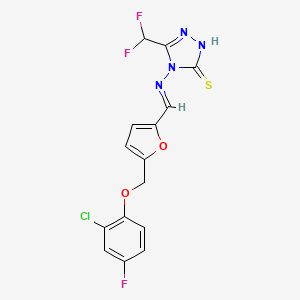 molecular formula C15H10ClF3N4O2S B10898358 4-{[(E)-{5-[(2-chloro-4-fluorophenoxy)methyl]furan-2-yl}methylidene]amino}-5-(difluoromethyl)-4H-1,2,4-triazole-3-thiol 