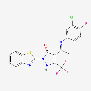 molecular formula C19H11ClF4N4OS B10899166 2-(1,3-benzothiazol-2-yl)-4-[(1E)-N-(3-chloro-4-fluorophenyl)ethanimidoyl]-5-(trifluoromethyl)-1,2-dihydro-3H-pyrazol-3-one 