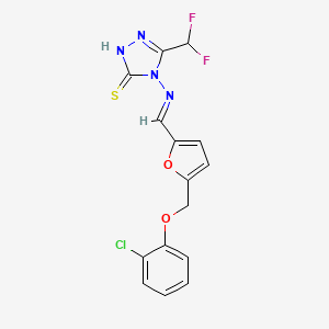 molecular formula C15H11ClF2N4O2S B10899238 4-{[(E)-{5-[(2-chlorophenoxy)methyl]furan-2-yl}methylidene]amino}-5-(difluoromethyl)-4H-1,2,4-triazole-3-thiol 