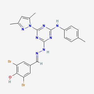 2,6-dibromo-4-[(E)-(2-{4-(3,5-dimethyl-1H-pyrazol-1-yl)-6-[(4-methylphenyl)amino]-1,3,5-triazin-2-yl}hydrazinylidene)methyl]phenol