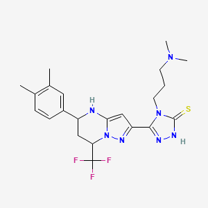 molecular formula C22H28F3N7S B10900086 4-[3-(dimethylamino)propyl]-5-[5-(3,4-dimethylphenyl)-7-(trifluoromethyl)-4,5,6,7-tetrahydropyrazolo[1,5-a]pyrimidin-2-yl]-4H-1,2,4-triazole-3-thiol 