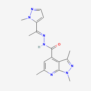 molecular formula C16H19N7O B10901316 1,3,6-trimethyl-N'-[(1E)-1-(1-methyl-1H-pyrazol-5-yl)ethylidene]-1H-pyrazolo[3,4-b]pyridine-4-carbohydrazide 