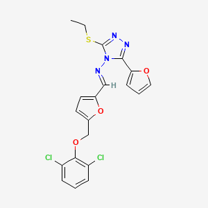 molecular formula C20H16Cl2N4O3S B10901372 N-[(E)-{5-[(2,6-dichlorophenoxy)methyl]furan-2-yl}methylidene]-3-(ethylsulfanyl)-5-(furan-2-yl)-4H-1,2,4-triazol-4-amine 