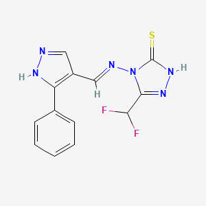 molecular formula C13H10F2N6S B10901706 5-(difluoromethyl)-4-{[(E)-(3-phenyl-1H-pyrazol-4-yl)methylidene]amino}-4H-1,2,4-triazole-3-thiol 