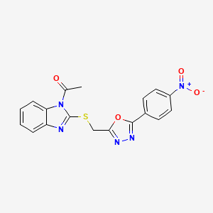 molecular formula C18H13N5O4S B10901726 1-[2-({[5-(4-nitrophenyl)-1,3,4-oxadiazol-2-yl]methyl}sulfanyl)-1H-benzimidazol-1-yl]ethanone 