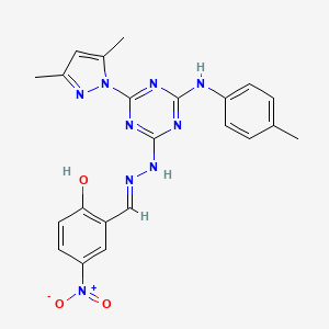 2-[(E)-(2-{4-(3,5-dimethyl-1H-pyrazol-1-yl)-6-[(4-methylphenyl)amino]-1,3,5-triazin-2-yl}hydrazinylidene)methyl]-4-nitrophenol