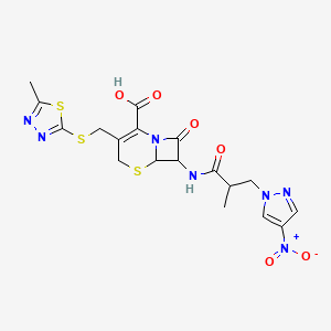 7-{[2-methyl-3-(4-nitro-1H-pyrazol-1-yl)propanoyl]amino}-3-{[(5-methyl-1,3,4-thiadiazol-2-yl)sulfanyl]methyl}-8-oxo-5-thia-1-azabicyclo[4.2.0]oct-2-ene-2-carboxylic acid