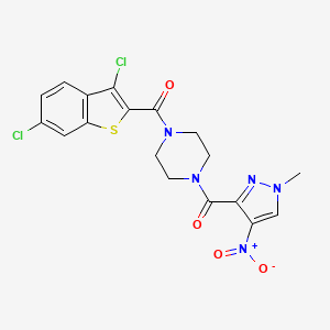 molecular formula C18H15Cl2N5O4S B10907634 (3,6-dichloro-1-benzothiophen-2-yl){4-[(1-methyl-4-nitro-1H-pyrazol-3-yl)carbonyl]piperazin-1-yl}methanone 