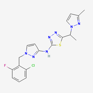 molecular formula C18H17ClFN7S B10909250 N-[1-(2-chloro-6-fluorobenzyl)-1H-pyrazol-3-yl]-5-[1-(3-methyl-1H-pyrazol-1-yl)ethyl]-1,3,4-thiadiazol-2-amine 