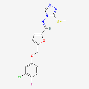 molecular formula C15H12ClFN4O2S B10909414 N-[(E)-{5-[(3-chloro-4-fluorophenoxy)methyl]furan-2-yl}methylidene]-3-(methylsulfanyl)-4H-1,2,4-triazol-4-amine 