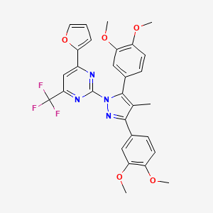 molecular formula C29H25F3N4O5 B10910033 2-[3,5-bis(3,4-dimethoxyphenyl)-4-methyl-1H-pyrazol-1-yl]-4-(furan-2-yl)-6-(trifluoromethyl)pyrimidine 