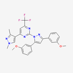 molecular formula C27H23F3N6O2 B10910110 2-[3,5-bis(3-methoxyphenyl)-1H-pyrazol-1-yl]-4-(1,3-dimethyl-1H-pyrazol-4-yl)-6-(trifluoromethyl)pyrimidine 