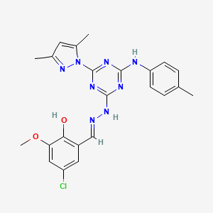 molecular formula C23H23ClN8O2 B10910128 4-chloro-2-[(E)-(2-{4-(3,5-dimethyl-1H-pyrazol-1-yl)-6-[(4-methylphenyl)amino]-1,3,5-triazin-2-yl}hydrazinylidene)methyl]-6-methoxyphenol 