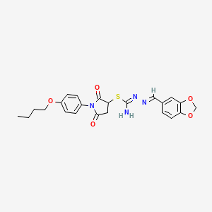 molecular formula C23H24N4O5S B10910226 1-(4-butoxyphenyl)-2,5-dioxopyrrolidin-3-yl (2E)-2-(1,3-benzodioxol-5-ylmethylidene)hydrazinecarbimidothioate 