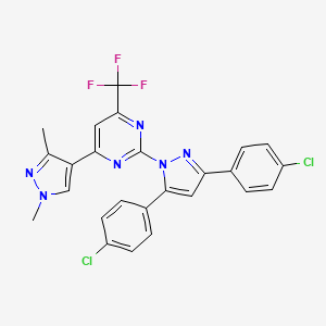 molecular formula C25H17Cl2F3N6 B10910450 2-[3,5-bis(4-chlorophenyl)-1H-pyrazol-1-yl]-4-(1,3-dimethyl-1H-pyrazol-4-yl)-6-(trifluoromethyl)pyrimidine 