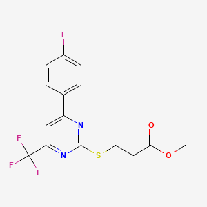 molecular formula C15H12F4N2O2S B10911728 Methyl 3-((4-(4-fluorophenyl)-6-(trifluoromethyl)pyrimidin-2-yl)thio)propanoate 