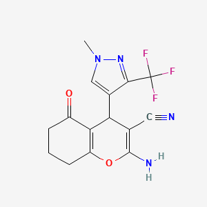 molecular formula C15H13F3N4O2 B10911891 2-Amino-4-(1-methyl-3-(trifluoromethyl)-1H-pyrazol-4-yl)-5-oxo-5,6,7,8-tetrahydro-4H-chromene-3-carbonitrile 