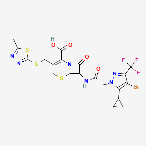 molecular formula C20H18BrF3N6O4S3 B10912157 7-({[4-bromo-5-cyclopropyl-3-(trifluoromethyl)-1H-pyrazol-1-yl]acetyl}amino)-3-{[(5-methyl-1,3,4-thiadiazol-2-yl)sulfanyl]methyl}-8-oxo-5-thia-1-azabicyclo[4.2.0]oct-2-ene-2-carboxylic acid 