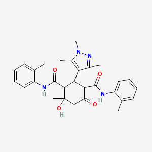 molecular formula C29H34N4O4 B10912528 4-hydroxy-4-methyl-N,N'-bis(2-methylphenyl)-6-oxo-2-(1,3,5-trimethyl-1H-pyrazol-4-yl)cyclohexane-1,3-dicarboxamide 