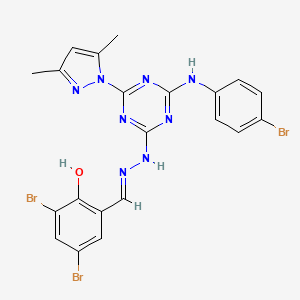 molecular formula C21H17Br3N8O B10912953 2,4-dibromo-6-[(E)-(2-{4-[(4-bromophenyl)amino]-6-(3,5-dimethyl-1H-pyrazol-1-yl)-1,3,5-triazin-2-yl}hydrazinylidene)methyl]phenol 