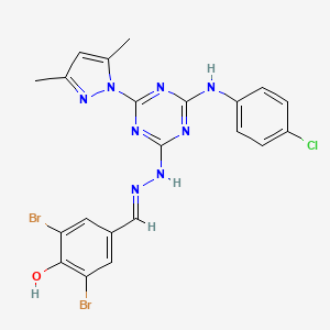 molecular formula C21H17Br2ClN8O B10912992 2,6-dibromo-4-[(E)-(2-{4-[(4-chlorophenyl)amino]-6-(3,5-dimethyl-1H-pyrazol-1-yl)-1,3,5-triazin-2-yl}hydrazinylidene)methyl]phenol 