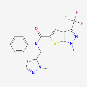 molecular formula C19H16F3N5OS B10914047 1-methyl-N-[(1-methyl-1H-pyrazol-5-yl)methyl]-N-phenyl-3-(trifluoromethyl)-1H-thieno[2,3-c]pyrazole-5-carboxamide 