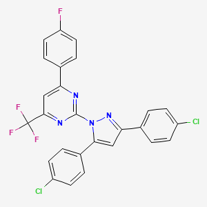 molecular formula C26H14Cl2F4N4 B10914098 2-[3,5-bis(4-chlorophenyl)-1H-pyrazol-1-yl]-4-(4-fluorophenyl)-6-(trifluoromethyl)pyrimidine 