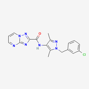 molecular formula C18H16ClN7O B10914111 N-[1-(3-chlorobenzyl)-3,5-dimethyl-1H-pyrazol-4-yl][1,2,4]triazolo[1,5-a]pyrimidine-2-carboxamide 