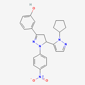 molecular formula C23H23N5O3 B10914426 3-[5-(1-Cyclopentyl-1H-pyrazol-5-YL)-1-(4-nitrophenyl)-4,5-dihydro-1H-pyrazol-3-YL]phenol 